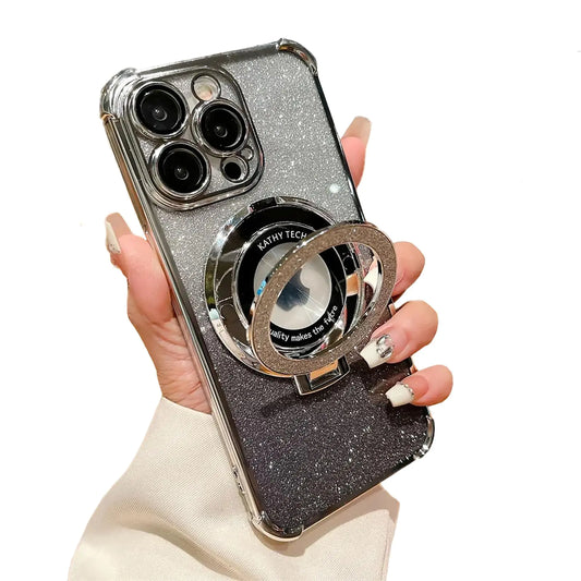HUHUCASE for iPhone 16 15 11 12 13 14 Pro Max Plus Case with Magnetic Ring StandBling Glitter Case [Compatible with MagSafe] Four Corners Shockproof (SilveriPhone 14 Plus)